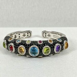 Judith Ripka Sterling Silver Black Spinel Multi Gemstone Hinged Cuff Bracelet